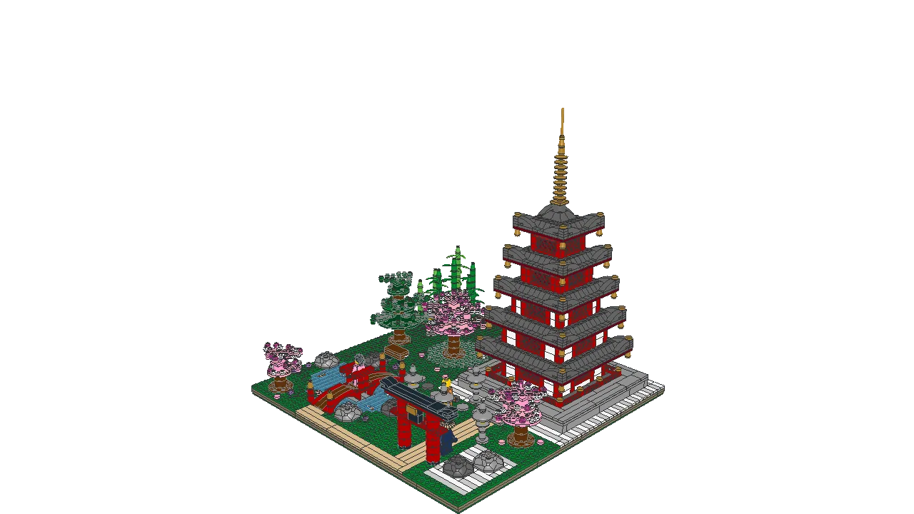 AI-generated Japanese sakura garden with a five-story pagoda