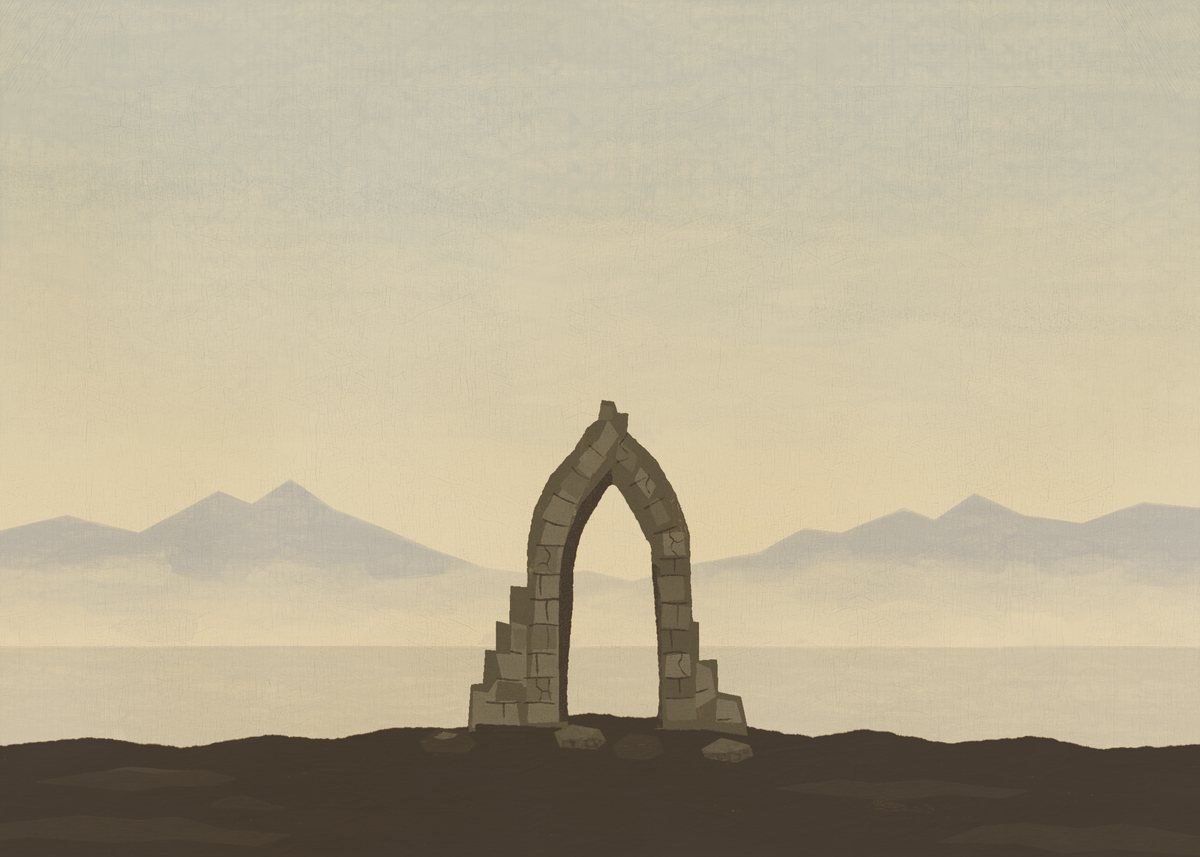 AI 绘制的 Friedrich 风格习作:荒原上的石拱遗迹与远山